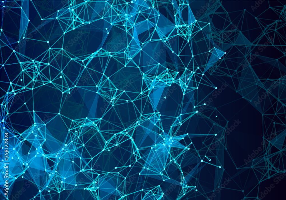 Poster blue triangular grid in futuristic technology style on dark background