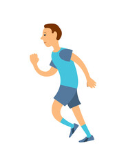 Fototapeta na wymiar Jogger in uniform running on long distance isolated cartoon person. Vector man in blue t-shirt , shorts and socks run marathon, jogging man in flat style