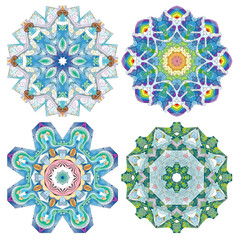 Hand drawn zentangle set of 4 color mandalas for decoration