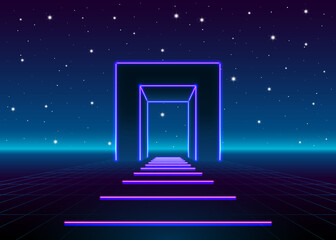 Neon 80s styled massive gate in retro game landscape with shiny road to the future