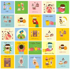 Set of cards with hands hold a cup of hot black dark coffee or beverage, with breakfast food, hand written text, simple flat colorful vector illustration.