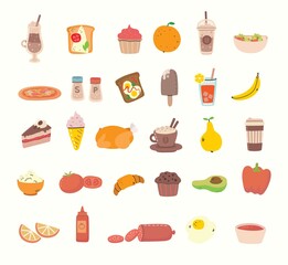 Big set of tasty food and drink related objects and icons. Modern vector flat style illustration