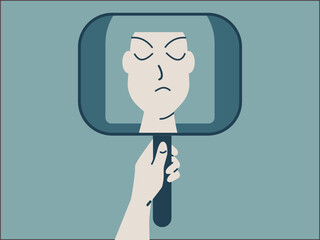 Upset and mad female character looking in the mirror. Selfcare concept. Vector.