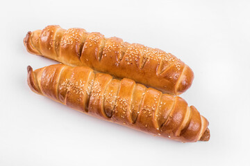 Baking a fresh bun filled with meat isolated on white background