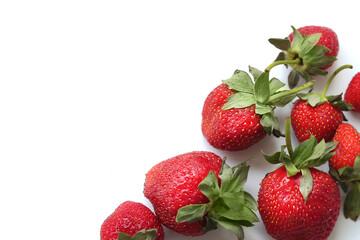 Healthy juicy red strawberry isolated on white background. Copy space. Top view. Strawberries background. Food background. Frame.