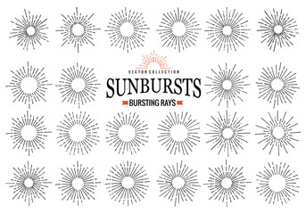Sunbursts collection of trendy hand drawn retro rays. Sunset, sunrise and radial fireworks symbol. Design elements. Vintage sunbursts in black color