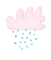 Baby Shower Vector Illustration with Sweet Fluffy Cloud. Lovely Pink Cloud and Blue Snow Isolated on an Off-White Background. Baby Girl Room Decoration. Watercolor Style Nursery Art.