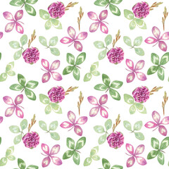 Seamless pattern of four-leaf clover and herbs. Ideal for gift wrapping paper, backgrounds and textile. Watercolor hand drawn elements. Soft and gentle color range.