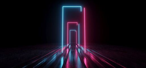 Sci Fi Neon Frame Rectangle Laser Blue Glowing Textured Floor Reflective Concrete Metallic Cyber Synth Cyberpunk Virtual Reality Tunnel Corridor Garage Warehouse Dark NIght Background 3D Rendering