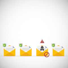 Email / envelope with black document and skull icon. Virus, malware, email fraud, e-mail spam, phishing scam, hacker attack concept.