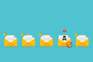 Email / envelope with black document and skull icon. Virus, malware, email fraud, e-mail spam, phishing scam, hacker attack concept. - obrazy, fototapety, plakaty
