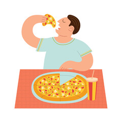 Man eating pizza and drinking soda water cartoon style. Delicious meal at restaurant or cafe.
