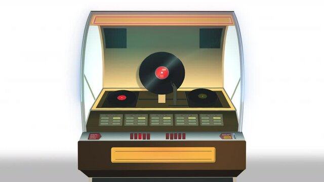 Record playing on old retro vintage jukebox against white background - Zoom out - Digital animation