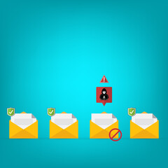 Email / envelope with black document and skull icon. Virus, malware, email fraud, e-mail spam, phishing scam, hacker attack concept.