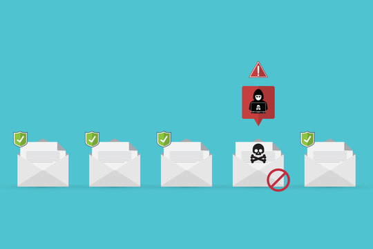 Email / envelope with black document and skull icon. Virus, malware, email fraud, e-mail spam, phishing scam, hacker attack concept.
