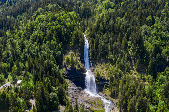 Aerial view of Cascade du Rouget (Rouget Waterfalls) in Sixt-fer-a-cheval in Haute-Savoie France