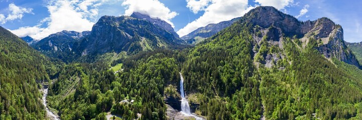 Aerial panoramic view of Cascade du Rouget (Rouget Waterfalls) in Sixt-fer-a-cheval in Haute-Savoie France © Samuel B.