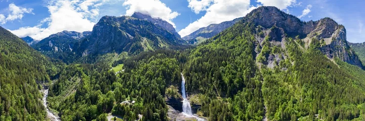 Crédence de cuisine en verre imprimé Mont Blanc Aerial panoramic view of Cascade du Rouget (Rouget Waterfalls) in Sixt-fer-a-cheval in Haute-Savoie France