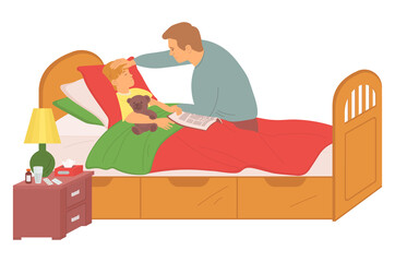 Father caring of ill son, child lying in bed with toy, unwell child, father checking temperature of boy, wooden nightstand with lamp and medicines vector