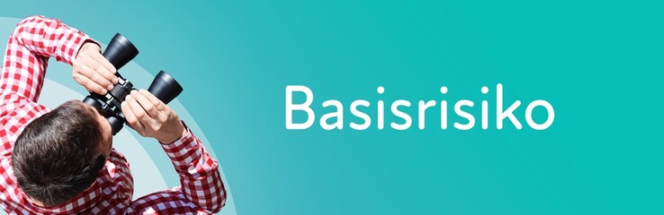Fototapeta premium Basisrisiko. Mann mit Fernglas aus Vogelperspektive. Beobachtung, Draufsicht, Panorama. Business Text auf blau. Statistik, Wirtschaft