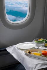 Tasty meal served on board of airplane