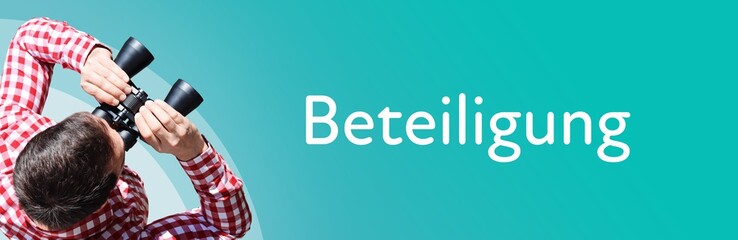 Beteiligung. Mann mit Fernglas aus Vogelperspektive. Beobachtung, Draufsicht, Panorama. Business...