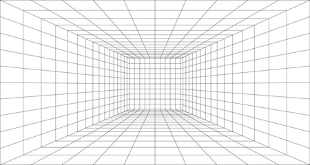 Room perspective grid background 3d Vector illustration. Model projection background template. Line one point perspective