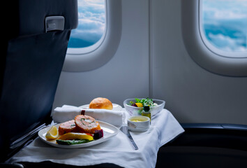 Tasty meal served on board of airplane