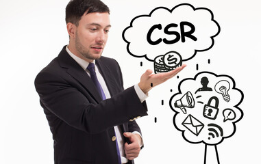 Business, technology, internet and network concept. Young businessman thinks over the steps for successful growth: CSR