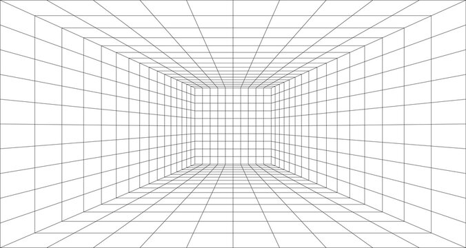 Room perspective grid background 3d Vector illustration. Model projection background template. Line one point perspective