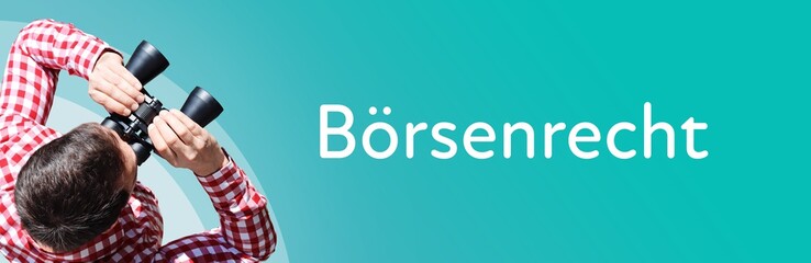Fototapeta premium Börsenrecht. Mann mit Fernglas aus Vogelperspektive. Beobachtung, Draufsicht, Panorama. Business Text auf blau. Statistik, Wirtschaft