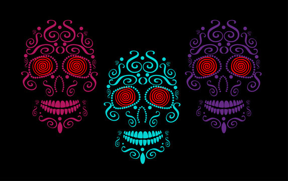 Skull vector background for fashion design, patterns, tattoos, day of the dead. Neon color hypnotic eyes 
