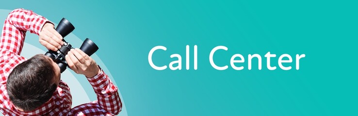 Naklejka premium Call Center. Mann mit Fernglas aus Vogelperspektive. Beobachtung, Draufsicht, Panorama. Business Text auf blau. Statistik, Wirtschaft