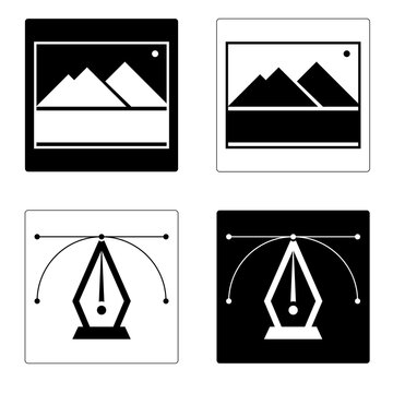 Icons set vector vs raster. Icons for representing files with vector origin and pixel(raster) origin files, like jpg format . Pen tool and image gallery icons. 
