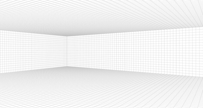 Room perspective grid background 3d Vector illustration. Model projection background template. Line one point perspective