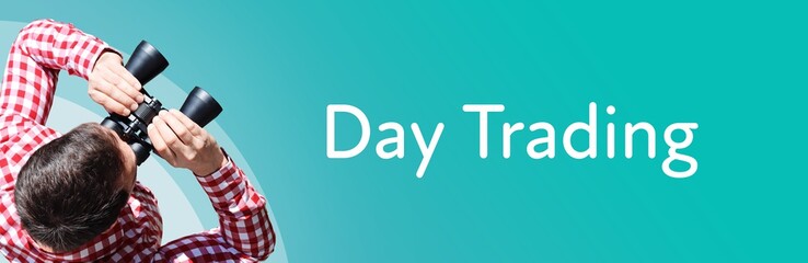 Naklejka premium Day Trading. Mann mit Fernglas aus Vogelperspektive. Beobachtung, Draufsicht, Panorama. Business Text auf blau. Statistik, Wirtschaft