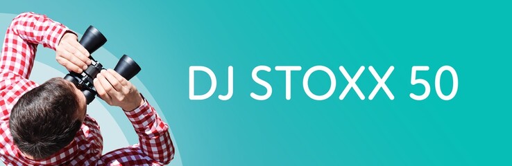 Fototapeta premium DJ STOXX 50. Mann mit Fernglas aus Vogelperspektive. Beobachtung, Draufsicht, Panorama. Business Text auf blau. Statistik, Wirtschaft