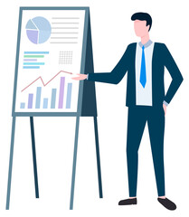 Businessman presenting new concept in business vector, isolated character with data and analysis. Stats and planning strategy of company organization