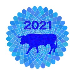 colorful numbers 2021 and a bull on the ornamental composition. cover of the calendar for the new year. bright polygonal drawing. collage. poster.