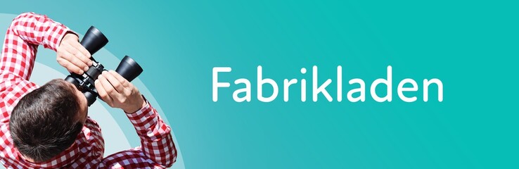 Fototapeta premium Fabrikladen. Mann mit Fernglas aus Vogelperspektive. Beobachtung, Draufsicht, Panorama. Business Text auf blau. Statistik, Wirtschaft
