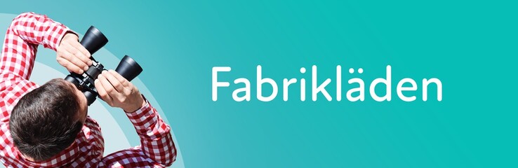 Fabrikläden. Mann mit Fernglas aus Vogelperspektive. Beobachtung, Draufsicht, Panorama. Business...