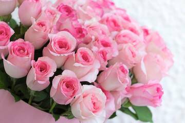 A big bouquet of pink roses, daylight, indoor photo