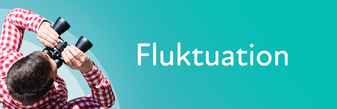 Fluktuation. Mann mit Fernglas aus Vogelperspektive. Beobachtung, Draufsicht, Panorama. Business Text auf blau. Statistik, Wirtschaft