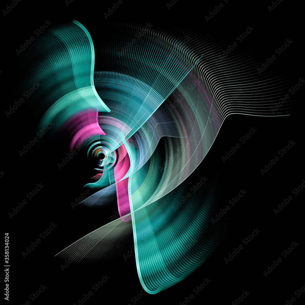 Poster The movement of parallel blades in a circle on a black background. Graphic design element. Technical symbol or logo on a white background. 3D rendering. 3D illustration.