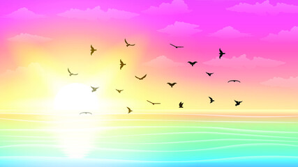 Abstract Ocean Sea Background Vector With Sunset And Birds Nature