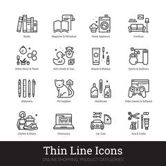 Retail store product categories, e-commerce departments, shopping thin line icons for web, mobile app. Editable stroke. Shop vector set include icons: furniture, appliance, electronics, clothes etc.