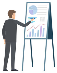 Fototapeta premium Join to our team concept, guy and investment trades, solution to rich benefit. Vector male analyzing financial graphs and charts on online screen