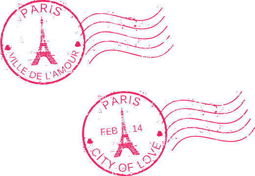 Postal grunge stamps 'Paris-city of love'.St. Valentine's day concept. French and english inscription.