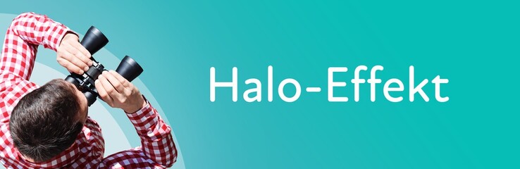 Naklejka premium Halo-Effekt. Mann mit Fernglas aus Vogelperspektive. Beobachtung, Draufsicht, Panorama. Business Text auf blau. Statistik, Wirtschaft