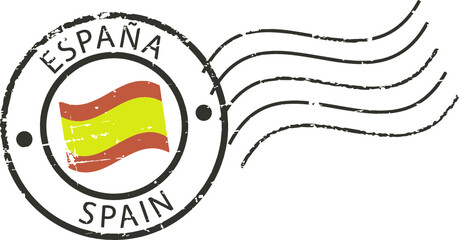 Postal grunge stamp 'Spain'. Spanish flag in the middle.
